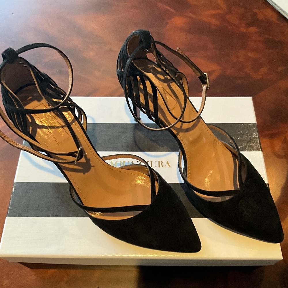 Aquazurra Black Suede Strappy Heel, Size 39